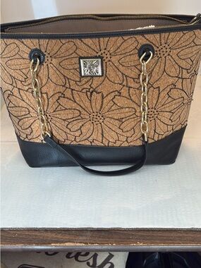 Black and Tan Floral Tote Bag with Gold Chain Handles
